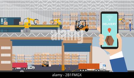 Vector of a warehouse and automated loading dock managed via app on a smartphone Stock Vector