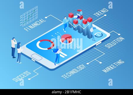 Data analytics concept. Vector of business people following financial trends using mobile app technology Stock Vector