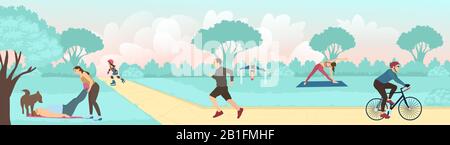 Vector of young people exercising outdoors in the city park, running, cycling and practicing yoga Stock Vector