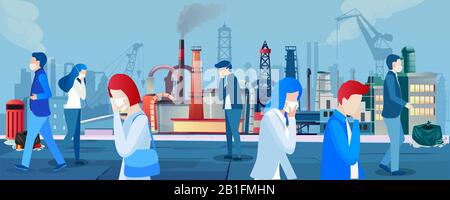Vector of people in protective face masks walking on streets of a city with polluted air against factories emitting smoke on background. Stock Vector