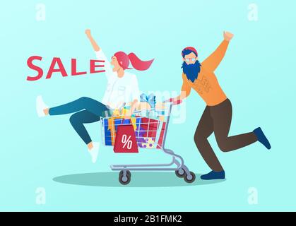 Vector of a young happy couple having fun shopping at discounted prices while hipster looking guy pushing shopping trolley with his girfriend inside Stock Vector