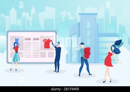 Internet shopping concept. Vector of people buying clothes online Stock Vector