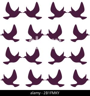 Flying silhouette of little kissing birds seamless pattern Stock Vector
