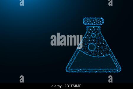 Flask made from points and lines on dark blue background, laboratory wireframe mesh polygonal vector illustration Stock Vector