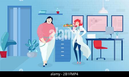 Vector of a doctor nutritionist offering diet change to a sad obese woman measuring waistline in a clinic office Stock Vector