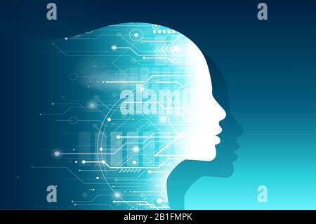 Vector silhouette of a female human head made of circuit computer board pattern Stock Vector