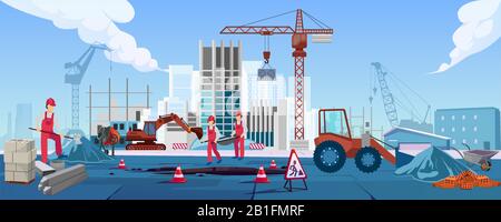Vector of a construction site with workers building a new residential or office skyscraper. Stock Vector