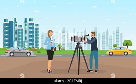 Vector of a journalist woman and camera man making a reportage on a cityskape background Stock Vector