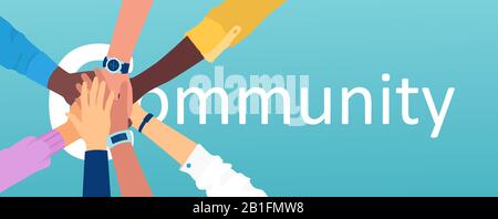 Vector of an international group of people putting hands together above word community Stock Vector