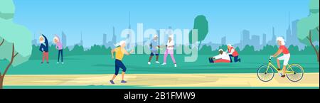 Vector of elderly people exercising, running, cycling in the park on a cityscape background Stock Vector