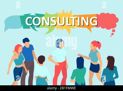 Vector of young people communicating with speech bubbles above with and text consulting Stock Vector