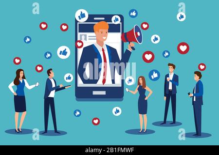 Vector of an influencer making an announcement to his followers via online app platform Stock Vector