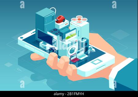 Vector of a man holding smartphone with consumer electronics products and home appliances buying online using mobile app for delivery Stock Vector