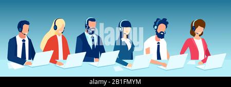 Vector of office employees men and women with headsets, customer support telemarketing agents. Stock Vector