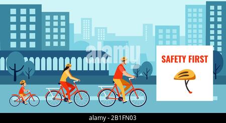 Vector of a family riding bikes, cycling in the city street wearing a safety helmets Stock Vector