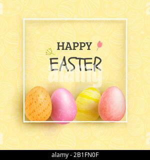 Yellow Easter Egg banner. Eggs in white thin square on yellow pattern background. Happy Easter. Stock Vector