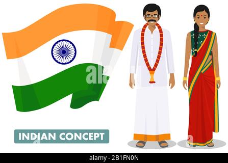 Family and social concept. Set of couple standing together indian man and woman in different traditional national clothes with flag of India. Vector Stock Vector