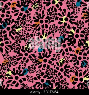 vibrant leopard print inspired floral seamless vector pattern in pink and black Stock Vector