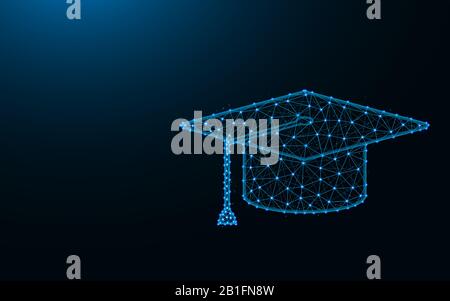 Square Academic Cap made from points and lines on dark blue background, education wireframe mesh polygonal vector illustration Stock Vector