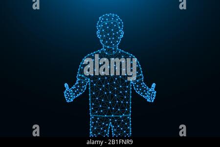 Man showing thumbs up made from points and lines on dark blue background, Positive man wireframe mesh polygonal vector illustration Stock Vector