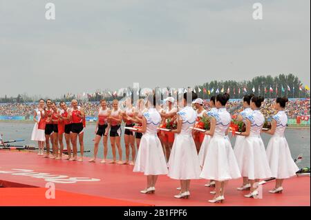 Shunyi, CHINA. Medal Presentation Gold Medalist.  DEN LM4-,  (b) EBERT Thomas, JOERGENSEN Morten, ANDERSEN Mads Christian Kruse and EBBESEN Eskild Balschmidt, winning and celebrating the Gold medal at the 2008 Olympic Regatta, Shunyi Rowing Course.  Sun 17.08.2008.  [Mandatory Credit: Peter SPURRIER, Intersport Images Stock Photo