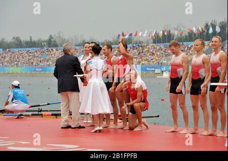 Shunyi, CHINA. Medal Presentation POL LM4-,  winning and celebrating the Gold medal at the 2008 Olympic Regatta, Shunyi Rowing Course.  Sun 17.08.2008.  [Mandatory Credit: Peter SPURRIER, Intersport Images Stock Photo