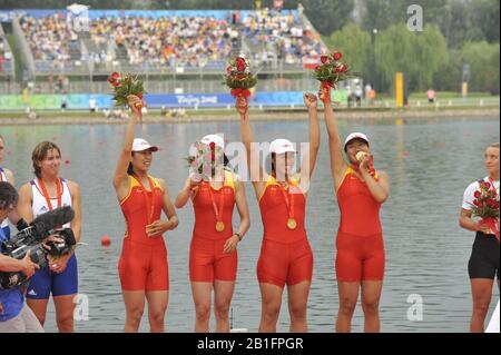 Shunyi, CHINA. Medal Presentation Bronze  Medalist.  GER W4X.  winning and celebrating the Gold medal at the 2008 Olympic Regatta, Shunyi Rowing Course.  Sun 17.08.2008.  [Mandatory Credit: Peter SPURRIER, Intersport Images.   crew China (Bin Tang, Jin Ziwei, Aihua Xi, Yangyang Zhang) Stock Photo