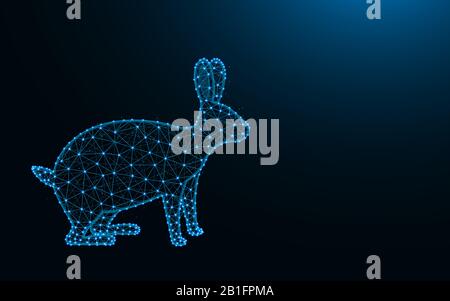 Rabbit made from points and lines on dark blue background, hare wireframe mesh polygonal vector illustration Stock Vector