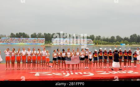 Shunyi, CHINA. Medal Presentation,  Women's Eights.  USA W8+ Gold Medalist  bow; Erin Cafaro, Lindsay Shoop, Anna Goodale, Elle Logan, Anne Cummins, Susan Francia, Caroline Lind, Caryn Davies and cox Mary Whipple.  2008 Olympic Regatta, Shunyi Rowing Course.  Sun 17.08.2008.  [Mandatory Credit: Peter SPURRIER, Intersport Images. Stock Photo