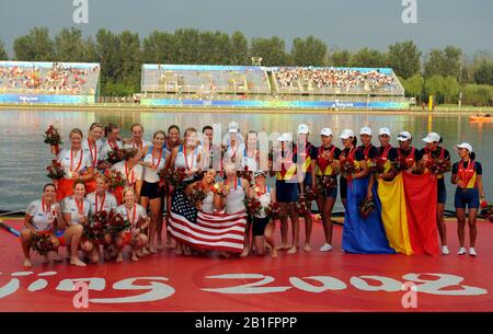 Shunyi, CHINA. Medal Presentation,  Women's Eights.  USA W8+ Gold Medalist  bow; Erin Cafaro, Lindsay Shoop, Anna Goodale, Elle Logan, Anne Cummins, Susan Francia, Caroline Lind, Caryn Davies and cox Mary Whipple.  2008 Olympic Regatta, Shunyi Rowing Course.  Sun 17.08.2008.  [Mandatory Credit: Peter SPURRIER, Intersport Images. Stock Photo