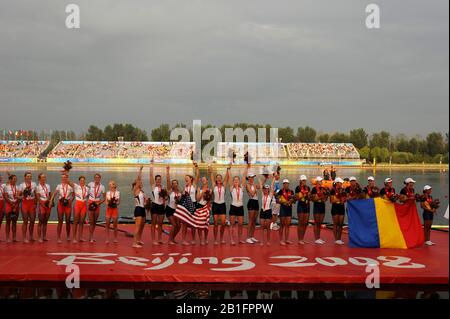 Shunyi, CHINA. Medal Presentation,  Women's Eights.  USA W8+ Gold Medalist  bow; Erin Cafaro, Lindsay Shoop, Anna Goodale, Elle Logan, Anne Cummins, Susan Francia, Caroline Lind, Caryn Davies and cox Mary Whipple.  2008 Olympic Regatta, Shunyi Rowing Course.  Sun 17.08.2008.  [Mandatory Credit: Peter SPURRIER, Intersport Images. Stock Photo