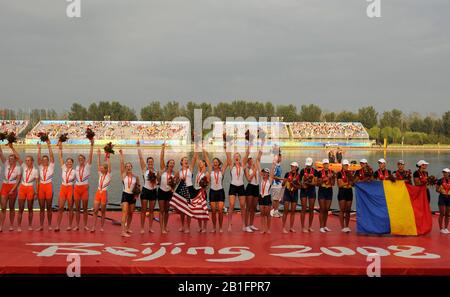 Shunyi, CHINA. Medal Presentation,  Women's Eights.  USA W8+ Gold Medalist  bow; Erin Cafaro, Lindsay Shoop, Anna Goodale, Elle Logan, Anne Cummins, Susan Francia, Caroline Lind, Caryn Davies and cox Mary Whipple.  2008 Olympic Regatta, Shunyi Rowing Course.  Sun 17.08.2008.  [Mandatory Credit: Peter SPURRIER, Intersport Images. Stock Photo