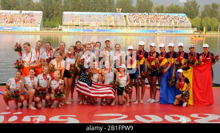 Shunyi, CHINA. Medal Presentation,  Women's Eights.  USA W8+ Gold Medalist  bow; Erin Cafaro, Lindsay Shoop, Anna Goodale, Elle Logan, Anne Cummins, Susan Francia, Caroline Lind, Caryn Davies and cox Mary Whipple.  2008 Olympic Regatta, Shunyi Rowing Course.  Sun 17.08.2008.  [Mandatory Credit: Peter SPURRIER, Intersport Images. Stock Photo