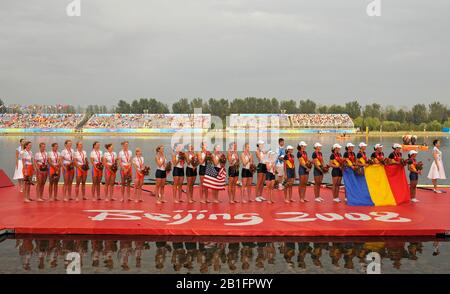 Shunyi, CHINA. Medal Presentation.  Women's Eights. left to right, NED W8+ silver medalist, Centre USA W8+ Gold Medalist and Bronze medalist ROM W8+2008 Olympic Regatta, Shunyi Rowing Course.  Sun 17.08.2008.  [Mandatory Credit: Peter SPURRIER, Intersport Images, centre; Gold medalist CHN W4X left to right  Bin Tang, Jin Ziwei, Aihua Xi, Yangyang Zhang), Left; Silver medalist GBR W4X Annie VERNON, Debbie FLOOD, Frances HOUGHTON and Katerine GRAINGER, right;  Bronze  medalist  GER W4X left to right Britta Oppelt, Manuela Lutze, Kathrin Boron, Stephanie Schiller) Stock Photo