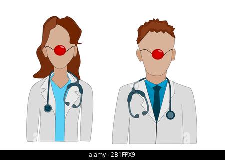 Red Nose Day.Doctor with a red clown nose with a stethoscope isolated on white background. Health workers wearing a red nose. Doctors Day.Stock vector Stock Vector