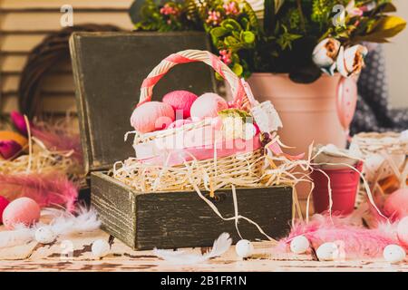 Old style Easter decor in pink colours Stock Photo
