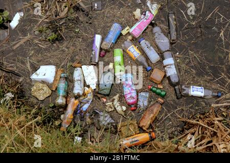 environmental plastic pollution plastic bottles litter in the forth and clyde canal Stock Photo