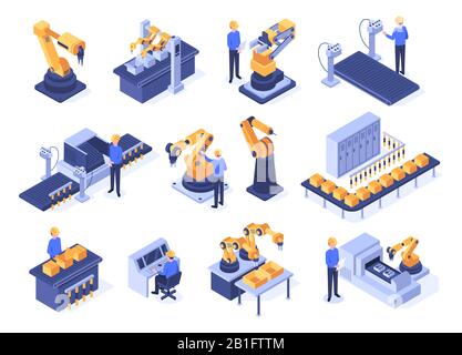 Isometric industrial robots. Assembly line machines, robotic arms with engineer workers and manufacturing technologies 3d vector set Stock Vector