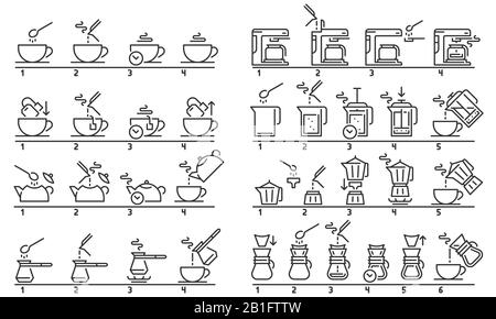 Brewing tea and coffee instruction. Preparing green tea bag, hot drinks guideline and coffee machine tutorial vector illustration set Stock Vector