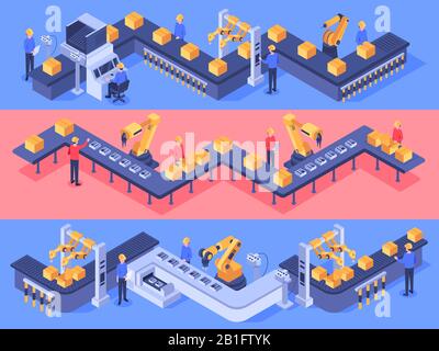 Isometric industrial factory automated line. Packaging conveyor equipment, automation line and industry factories vector illustration Stock Vector