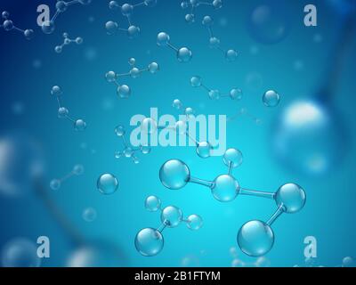 Hyaluronic acid molecules. Hydrated chemicals, molecular structure and blue spherical molecule 3d vector illustration Stock Vector