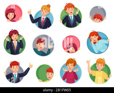 People in facehole. Surprised people look out of round holes, peeping out of window holes and thumb pointing out round hole vector set Stock Vector
