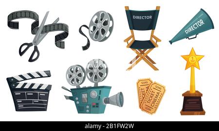 Cartoon film studio. Cinema video camera, movie clapperboard and directors megaphone vector illustration set Stock Vector