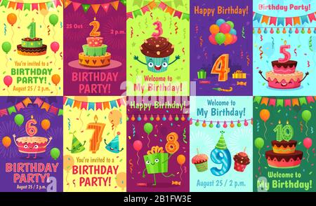 Cartoon anniversary greeting card. Birthday numbers, celebration invitation and party cake number candles poster vector set Stock Vector