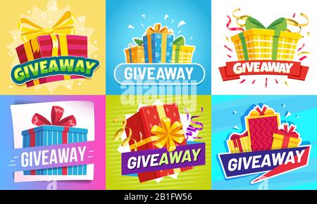 Giveaway post. Give away gifts, winner reward and gift prize draw social media posts vector illustration set Stock Vector