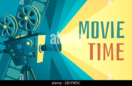 Movie time poster. Vintage cinema film projector, home movie theater and retro camera vector illustration Stock Vector