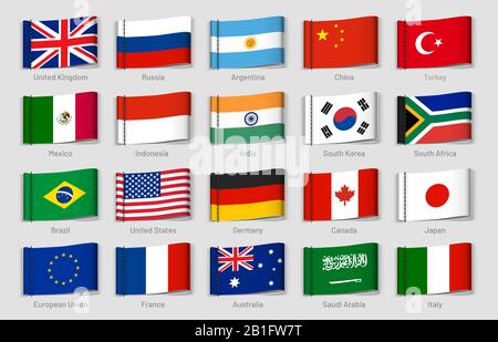 National flags fabric tags. G20 countries labels, official country flag tag vector set Stock Vector