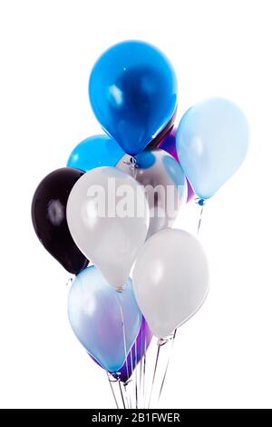 Bunch of color balloons on white background. Greeting card with blue, white and black balloons for men. Stock Photo
