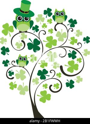 vector illustration of a green tree with owls, shamrocks. St.Patrick's Day celebration. Stock Vector