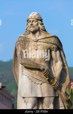 Statue of Pelagius of Asturias, known in Spanish as Pelayo, in front of Iglesia de Nuestra Señora de la Asunción de Santa María or Church of Our Lady Stock Photo